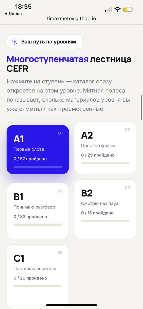 Экран платформы Alterna: лестница уровней CEFR